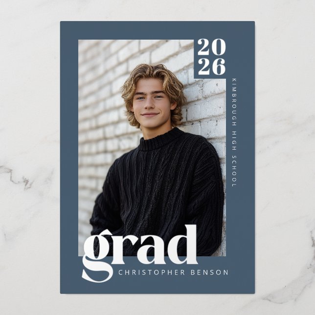 Invitation En Aluminium 2026 Modern Blue 4 Photo Graduation Silver (Recto)