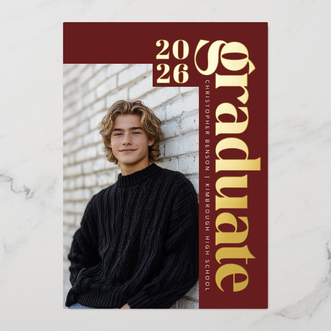 Invitation En Aluminium 2026 Modern Dark Red Photo Graduation Gold (Recto)