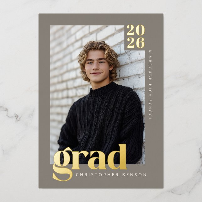 Invitation En Aluminium 2026 Modern Stone Gray 4 Photo Graduation Gold (Recto)