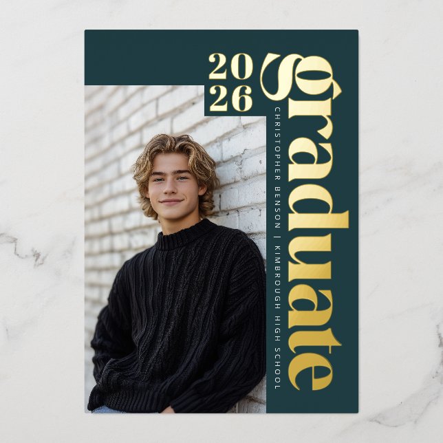 Invitation En Aluminium 2026 Modern Teal Green Photo Graduation Gold (Recto)