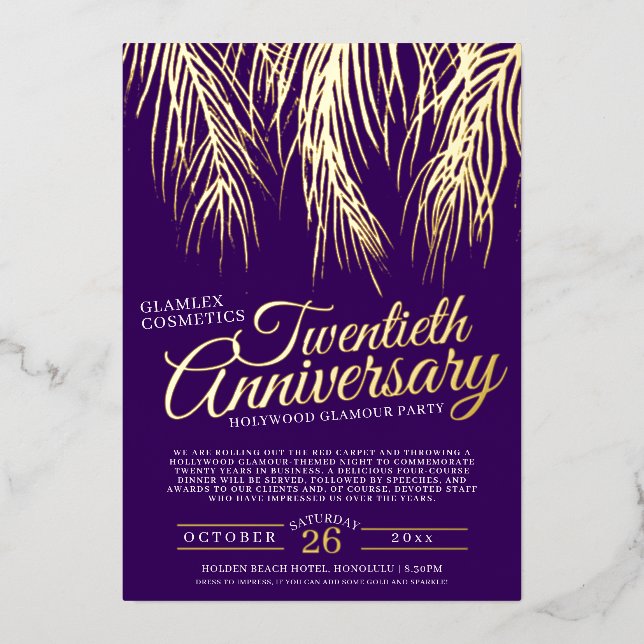 Invitation En Aluminium 20e anniversaire glamor party or violet palmiers (Recto)