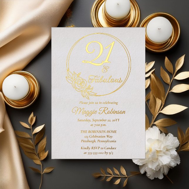 Invitation En Aluminium 21 et Fabuleuse fête du 21e anniversaire bloquée (Simply Elegant "21 and Fabulous" 21st Birthday Party Stamped Foil Invitation)