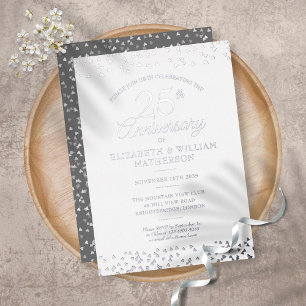 Invitation En Aluminium 25e anniversaire de Mariage Coeurs Confetti Argent