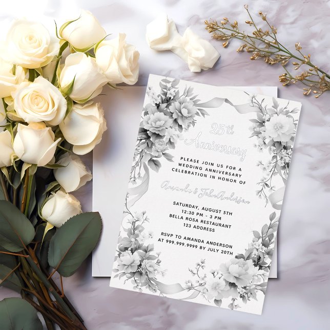 Invitation En Aluminium 25e anniversaire de mariage fleurs argentées (Créateur téléchargé)