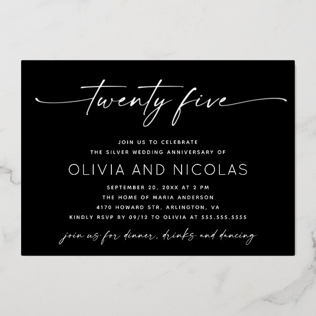 Invitation En Aluminium 25e anniversaire de mariage | Photo argent et noir (Recto)