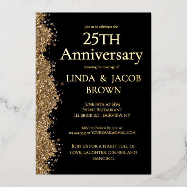 Invitation En Aluminium 25th Wedding Anniversary Gold Faux Glitter  (Recto)