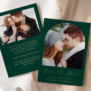 Invitation En Aluminium 2-Photo Arch Emerald Green Gold Enregistrer la dat