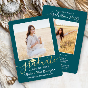 Invitation En Aluminium 2 Photo Graduation Party Turquoise blanc et or