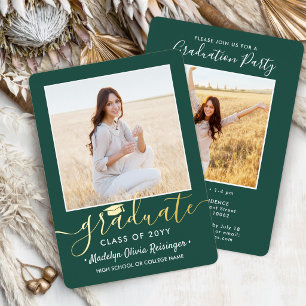 Invitation En Aluminium 2 Photo Graduation Party Vert Blanc et Or