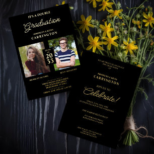 Invitation En Aluminium 2 Photos Double Twins Graduation Real Golden Black