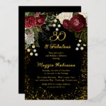 Invitation En Aluminium 30 et Fabulous Glam Rose Floral fête d'anniversair<br><div class="desc">Roses floraux élégants et classe, rouge foncé et bordeaux, avec perles de graines sur un cadre plus éclatant "30 and Fabulous" design de fête d'anniversaire avec un arrière - plan noir par Holiday Hearts Designs. Tout le texte est de la vraie feuille d'or et le cadre de l'éclaboussure est une...</div>