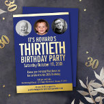 Invitation En Aluminium 30e anniversaire fête bleu feuille d'or cercles ph<br><div class="desc">Gras simple graphique bleu foncé, et feuille d'or ou votre propre feuille couleur modèle photo de 30e anniversaire invitation fête. Personnalisez cette invitation d'anniversaire avec les détails de votre fête d'anniversaire, et trois photos différentes de votre garçon ou fille d'anniversaire dans les cercles de photos pour vos maintenant et puis...</div>