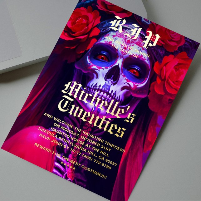 Invitation En Aluminium 30e anniversaire moderne Halloween Rouge Rose Lady (Modern 30th Birthday Halloween Red Rose Lady Skull)