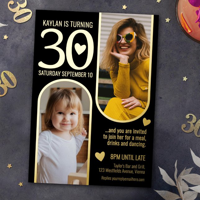 Invitation En Aluminium 30ème anniversaire de deux arcs coeur d'or noir (Créateur téléchargé)