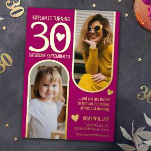 Invitation En Aluminium 30ème anniversaire deux arches rose profond cœurs 