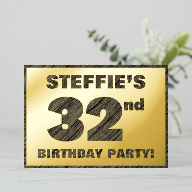 Invitation En Aluminium 32e fête d'anniversaire — Gras, Faux Wood Grain Te (Debout devant)