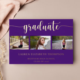 Invitation En Aluminium 3 Photo Elegant Graduation Purple Gold