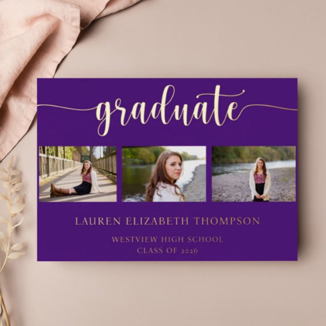 Invitation En Aluminium 3 Photo Elegant Graduation Purple Gold (Créateur téléchargé)