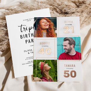 Invitation En Aluminium 3 Photo Fête d'anniversaire conjointe Rose Gold Bl