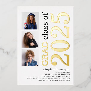 Invitation En Aluminium 3 Photos Graduation 2023 Gold Blanc Real