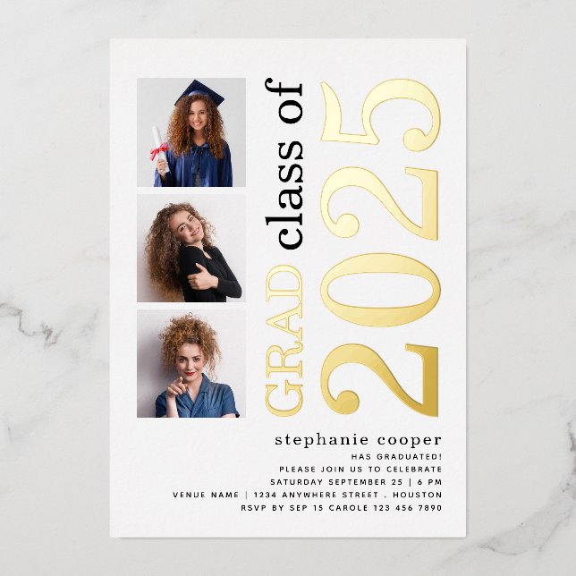 Invitation En Aluminium 3 Photos Graduation 2023 Gold Blanc Real (Recto)