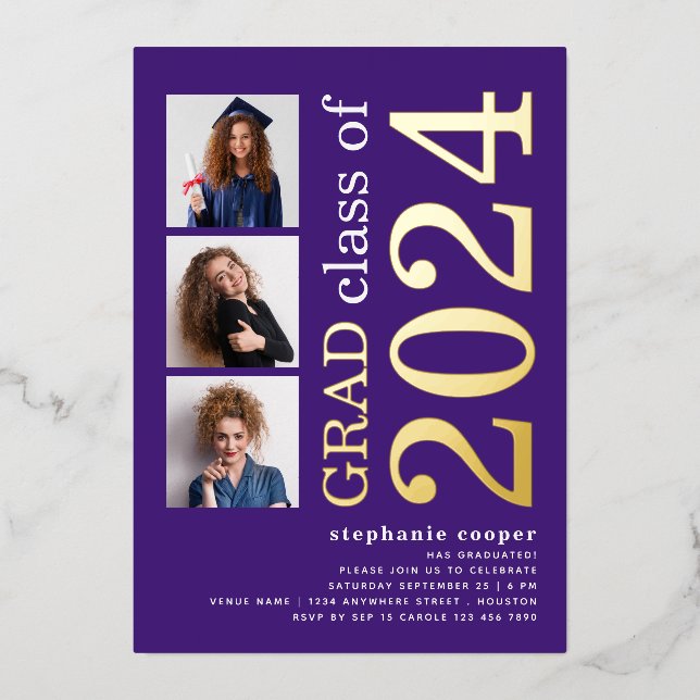 Invitation En Aluminium 3 Photos Graduation 2025 Purple Gold Real (Recto)