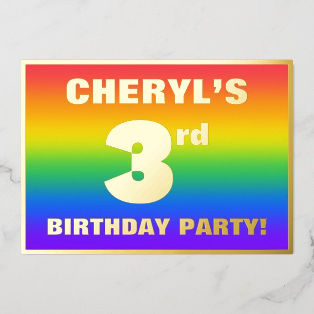 Invitation En Aluminium 3e fête d'anniversaire : Amusant, Motif arc-en-cie (Recto)