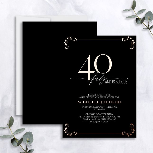 Invitation En Aluminium 40 & Fabuleux Black Rose Gold Calligraphie Anniver (Créateur téléchargé)