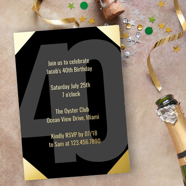 Invitation En Aluminium 40e anniversaire audacieux Luxe noir et or (Luxe 40th Birthday Invitation in black and gold with Bold Oversized Number and Typography)