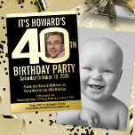 Invitation En Aluminium 40e anniversaire fête noir feuille d'or photo<br><div class="desc">Gras simple graphique noir, et feuille d'or ou votre propre modèle photo couleur feuille de papier 40e anniversaire invitation fête. Personnalisez cette invitation d'anniversaire avec les détails de votre fête d'anniversaire, et une photo de votre garçon ou fille d'anniversaire au centre du 0 sur 40 et une photo de fond...</div>