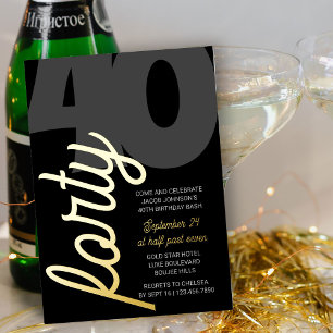 Invitation En Aluminium 40e Anniversaire Géant Quarante Écriture Noir Or