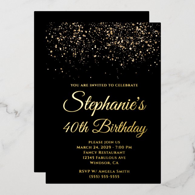 Invitation En Aluminium 40e anniversaire noir paillettes dorées (Recto/Verso)