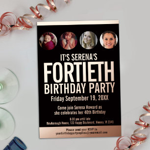 Invitation En Aluminium 40e anniversaire noir rose d'or cercles photo