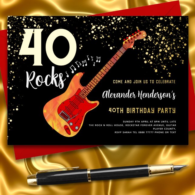 Invitation En Aluminium 40e anniversaire Parties scintillant de rock et de (40 rocks guitar black and gold glitter 40th birthday party invitation )