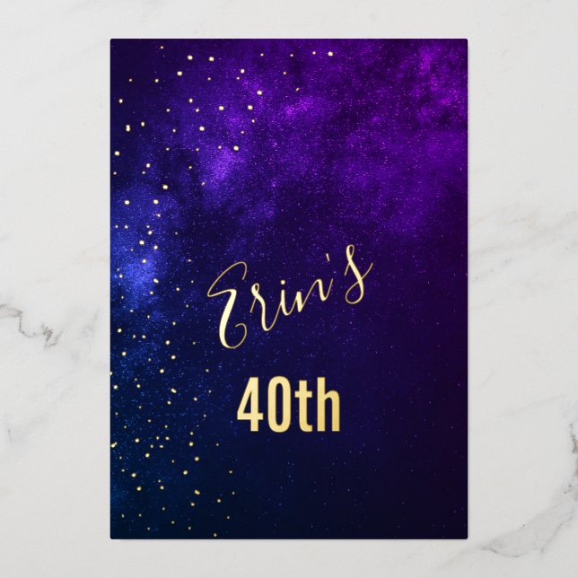 Invitation En Aluminium 40e Anniversaire Soirée Sky Astral Gold Stars Viol (Recto)