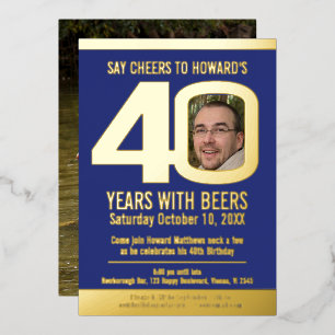 Invitation En Aluminium 40e fête d'anniversaire noir bleu or feuille photo