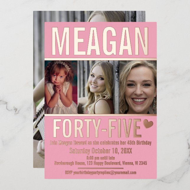 Invitation En Aluminium 45ème anniversaire trois photos rose et or rose do (Recto/Verso)