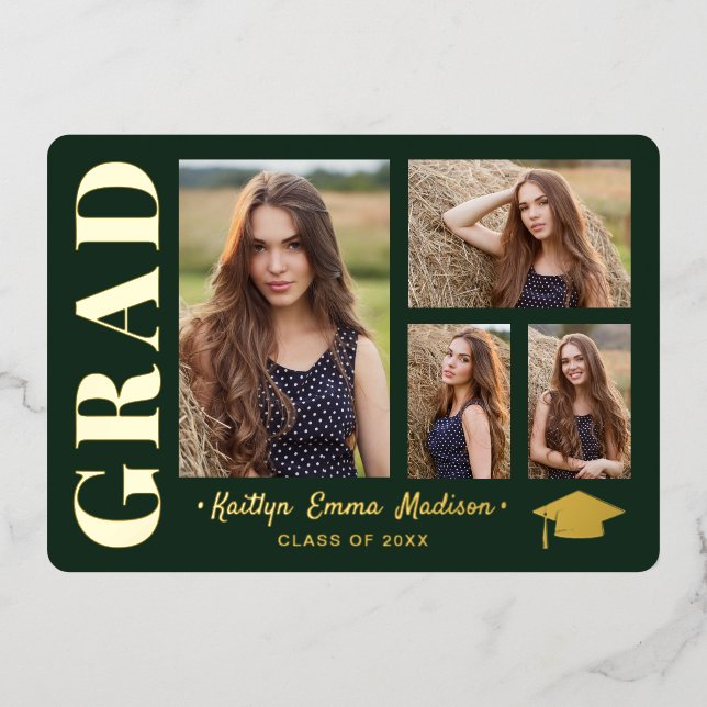 Invitation En Aluminium 4 Photo Collage Green & Gold Foil Grad Card (Recto)