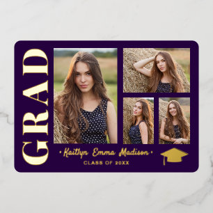 Invitation En Aluminium 4 Photo Collage Purple & Gold Foil Grad Card