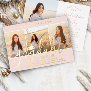 Invitation En Aluminium 4 Photo Graduation Party Élégant Blush Rose & Or