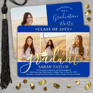 Invitation En Aluminium 4 Photo Graduation Party Royal Bleu Blanc et Or