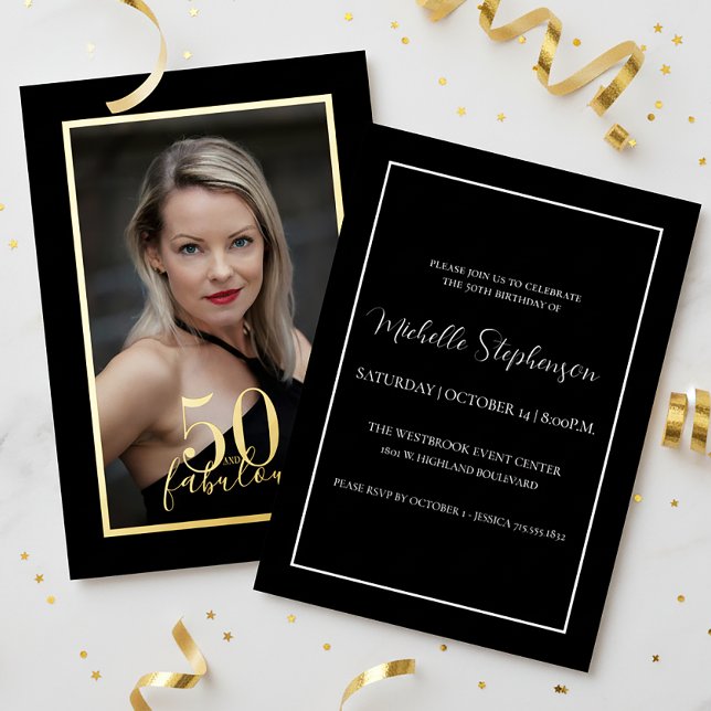 Invitation En Aluminium 50 and Fabulous Birthday Elegant Photo Black Gold (Créateur téléchargé)