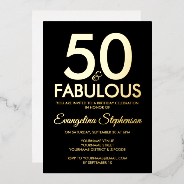 Invitation En Aluminium 50 and Fabulous Modern Black Gold 50th Birthday (Recto/Verso)