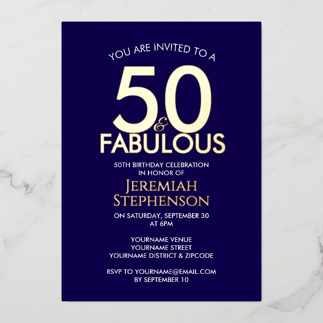 Invitation En Aluminium 50 and Fabulous Modern Navy Gold 50th Birthday (Recto)