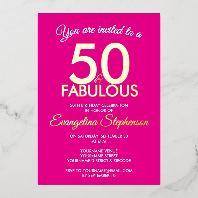 Invitation En Aluminium 50 and Fabulous Modern Pink Gold 50th Birthday  (Recto)