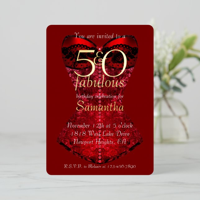 Invitation En Aluminium 50 ans et Fabuleuse Fête d'anniversaire Corset Rou (Debout devant)
