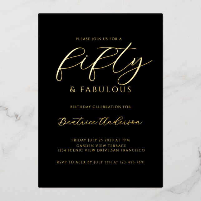 Invitation En Aluminium 50 ans et Fabuleux Anniversaire Noir Or (Recto)