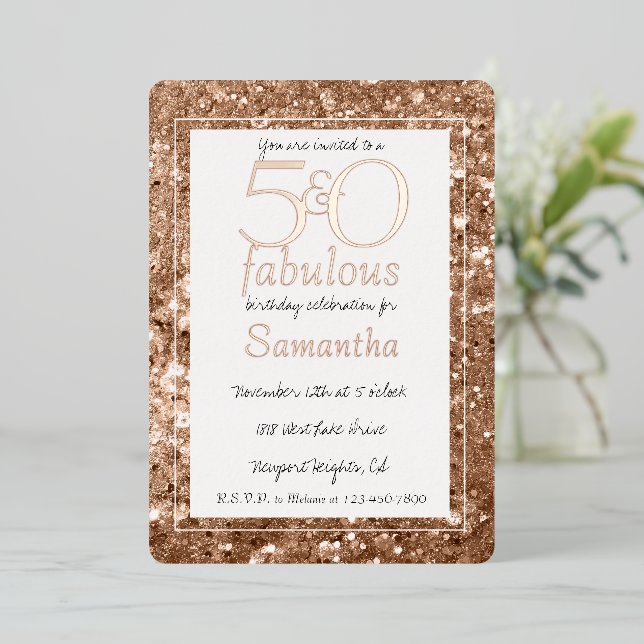 Invitation En Aluminium 50 ans et Fabuleux Anniversaire Paillettes Rose Do (Debout devant)