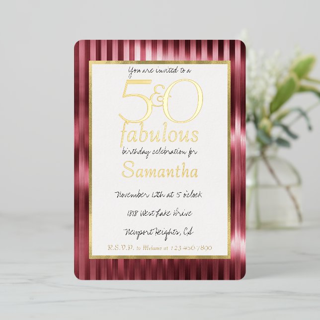Invitation En Aluminium 50 ans et Fabuleux Glam Or Rouge Rayures Anniversa (Debout devant)