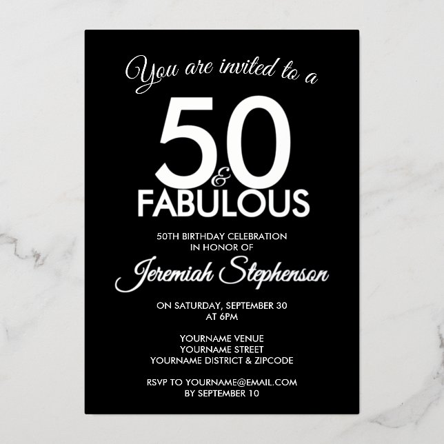Invitation En Aluminium 50 ans et Fabuleux Moderne Noir Argent 50e Anniver (Recto)